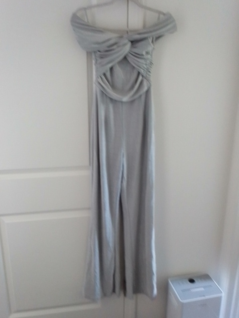 Petal & Pup Silver Gray Off-Shoulder Wide-Leg Jumpsuit